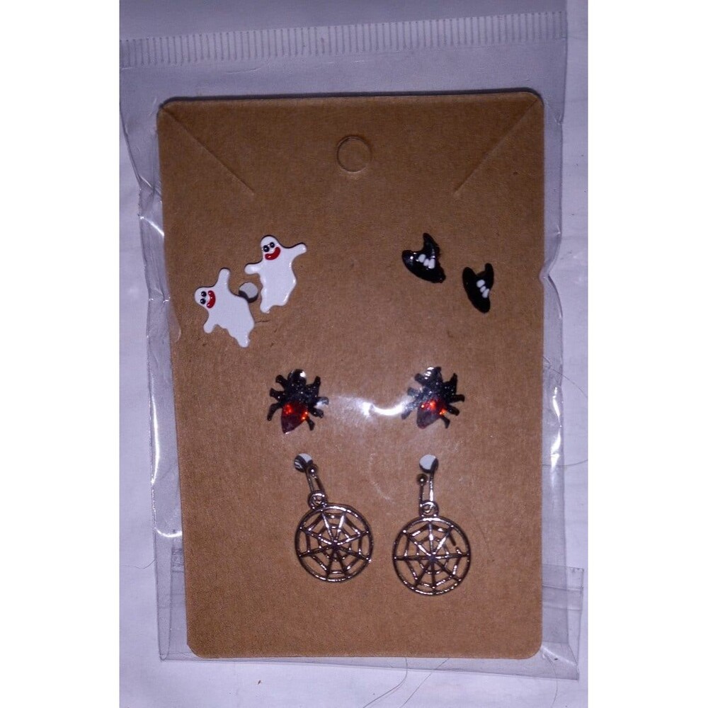 Halloween Earrings Set of 4 Ghosts Witch Hats Spiders Silver Spiderweb